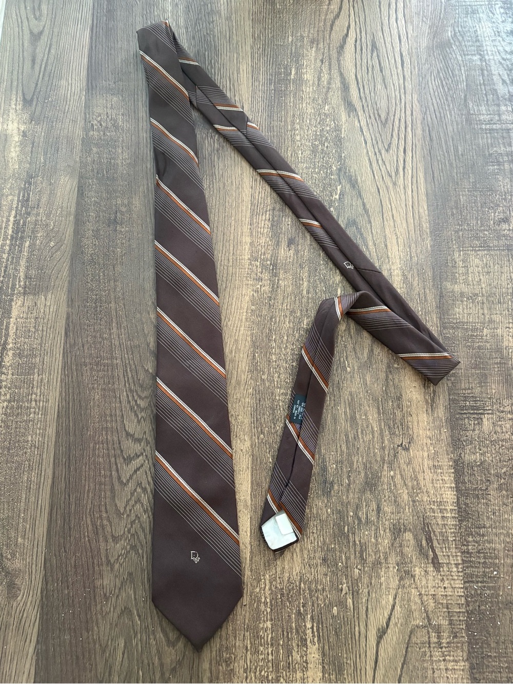 Dior Brown Silk Tie with Orange and Gray Stripes